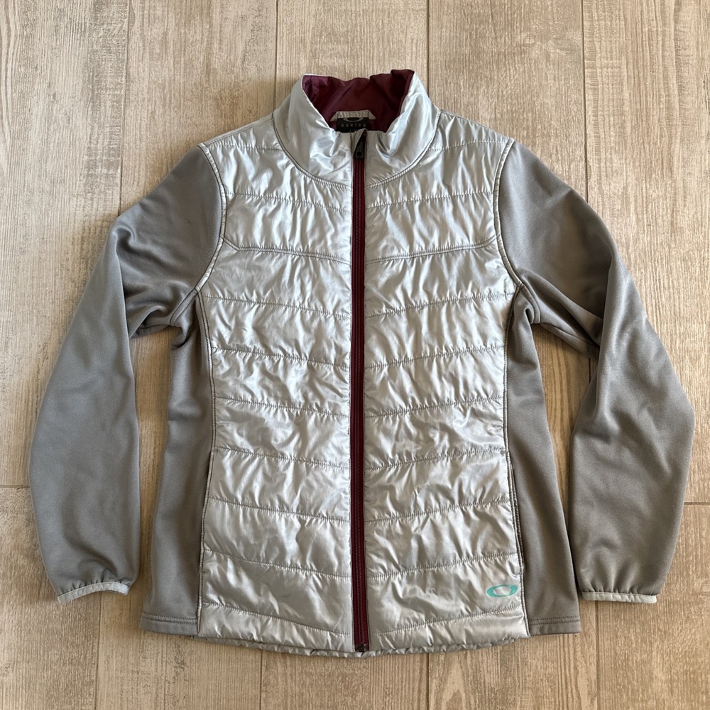 Oakley Women's Gray/Maroon Quilted Full Zip Insulated Jacket Logo Size-L
